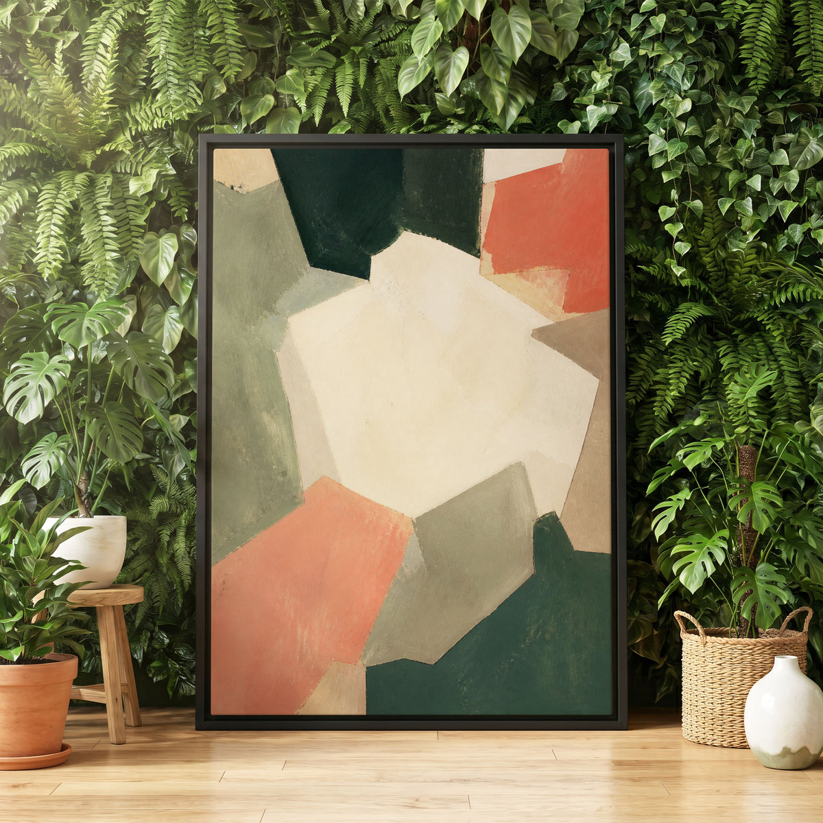 Coral Interval, green, beige, orange abstract wall art displayed in a styled interior, gallery view 4