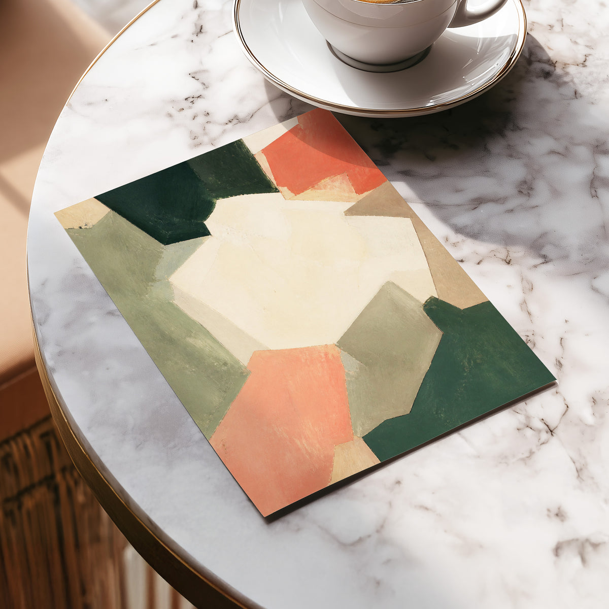 Coral Interval, green, beige, orange abstract wall art displayed in a styled interior, gallery view 5