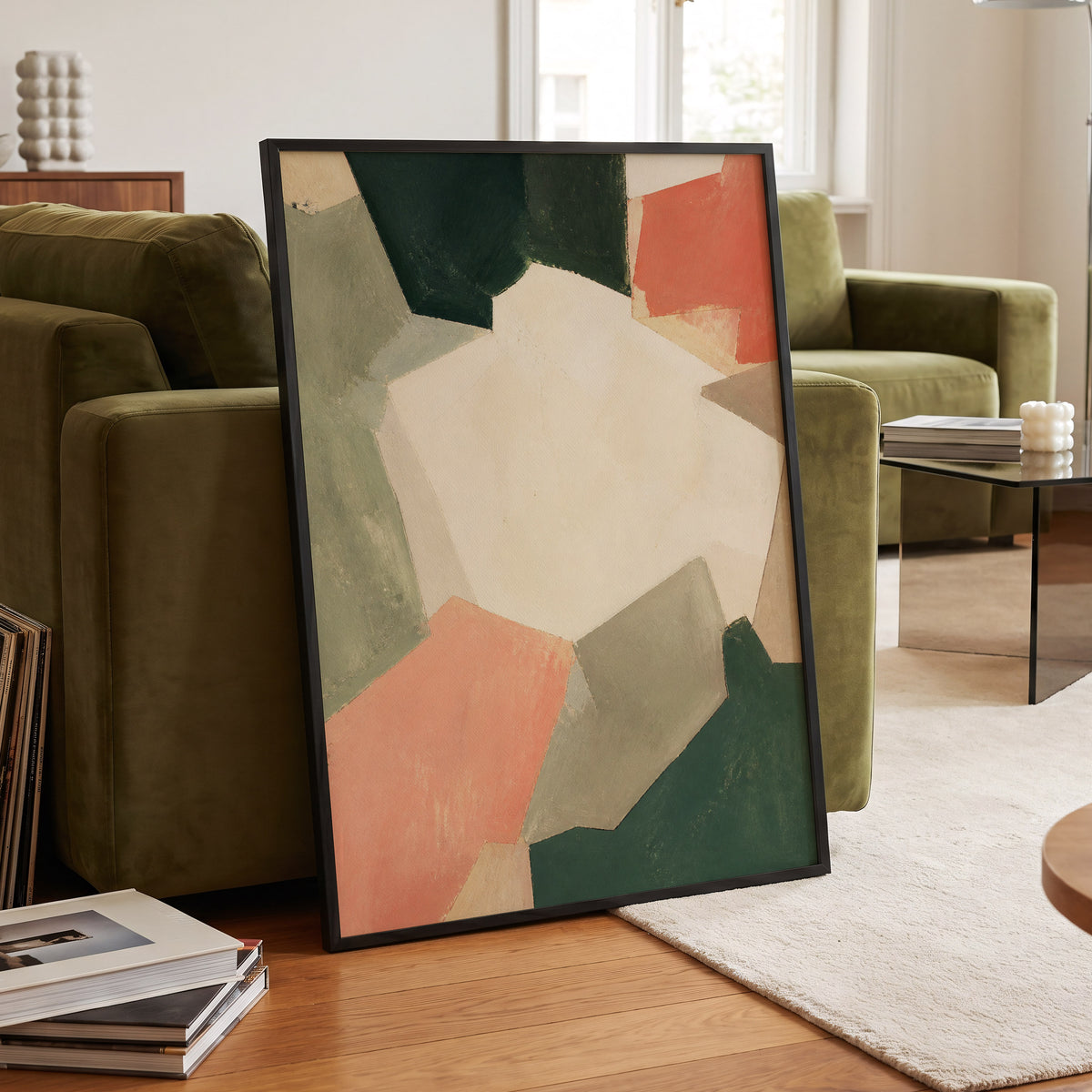 Coral Interval, green, beige, orange abstract wall art displayed in a styled interior, gallery view 6