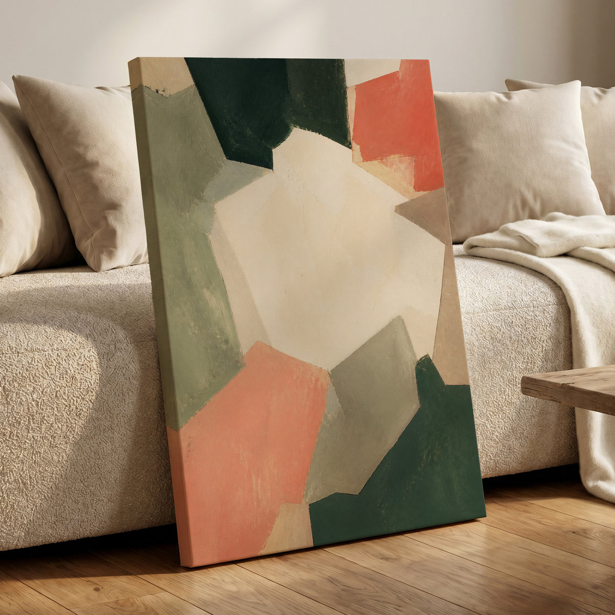 Coral Interval, green, beige, orange abstract wall art displayed in a styled interior, gallery view 7