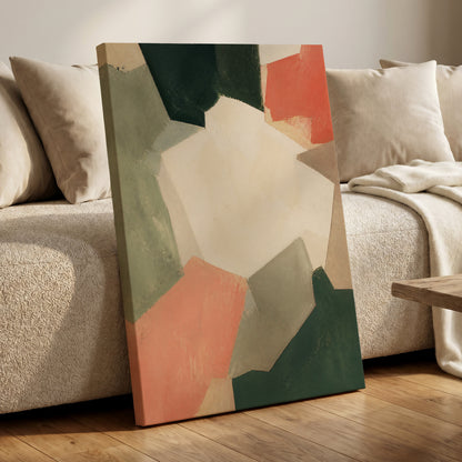 Coral Interval, green, beige, orange abstract wall art displayed in a styled interior, gallery view 7
