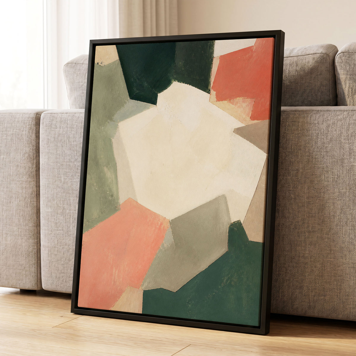 Coral Interval, green, beige, orange abstract wall art displayed in a styled interior, gallery view 8