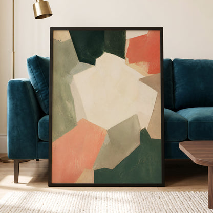 Coral Interval, green, beige, orange abstract wall art displayed in a styled interior, gallery view 9