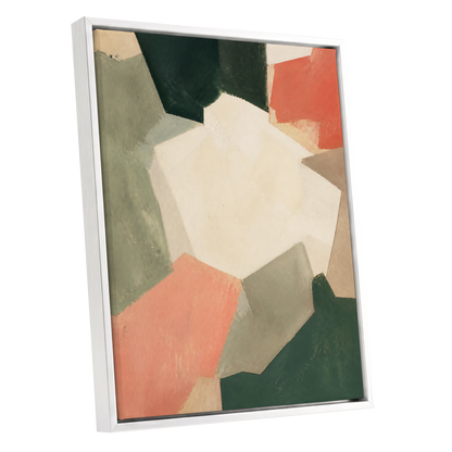 Coral Interval, green, beige, orange abstract wall art shown as a white framed canvas wall art