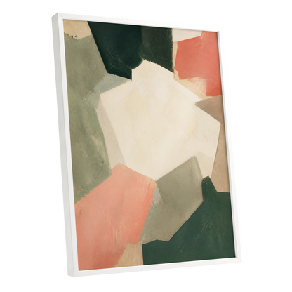Coral Interval, green, beige, orange abstract wall art shown as a white framed poster wall art print