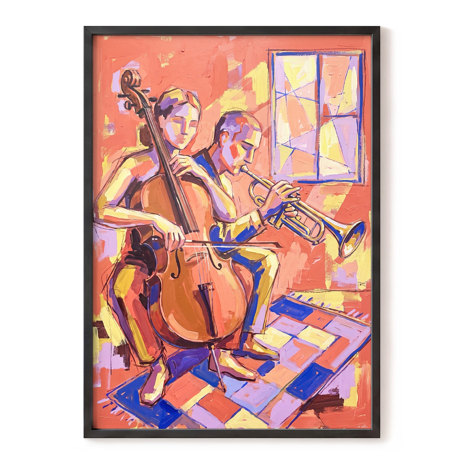Coral Jazz Duet, orange, pink, yellow abstract wall art, front artwork view