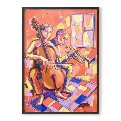 Coral Jazz Duet, orange, pink, yellow abstract wall art, front artwork view