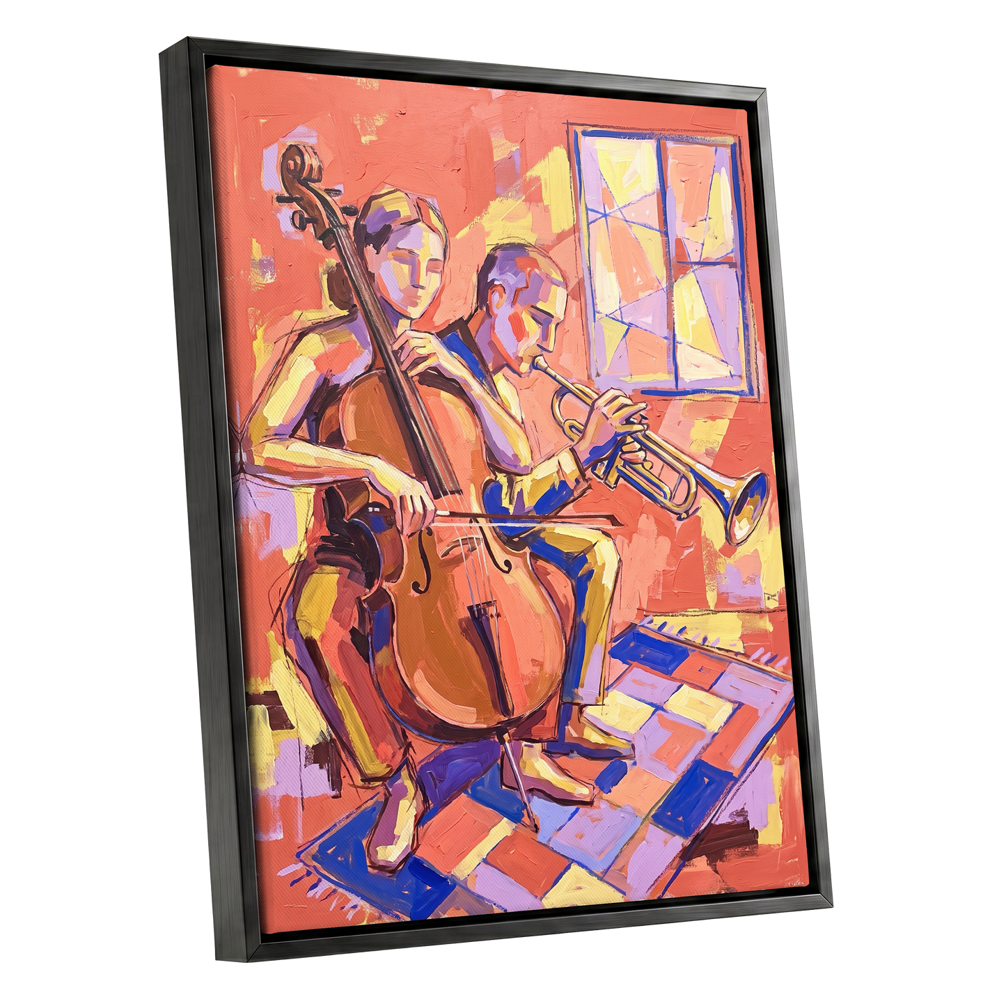 Coral Jazz Duet, orange, pink, yellow abstract wall art shown as a black framed canvas wall art