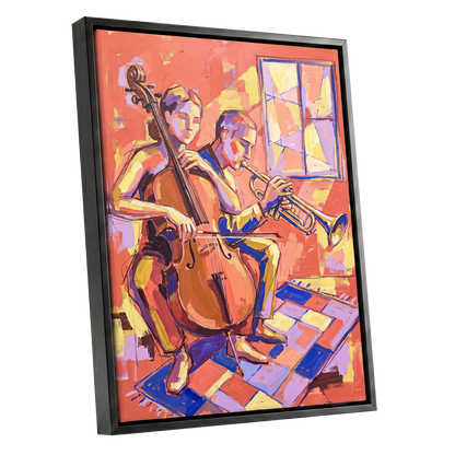Coral Jazz Duet, orange, pink, yellow abstract wall art shown as a black framed canvas wall art