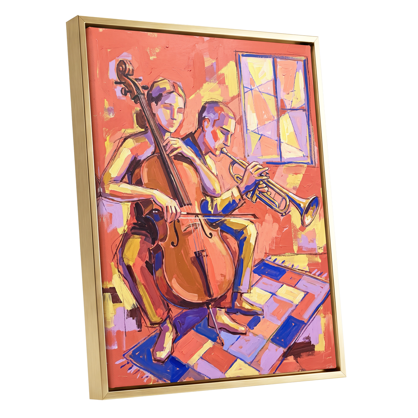 Coral Jazz Duet, orange, pink, yellow abstract wall art shown as a gold framed canvas wall art