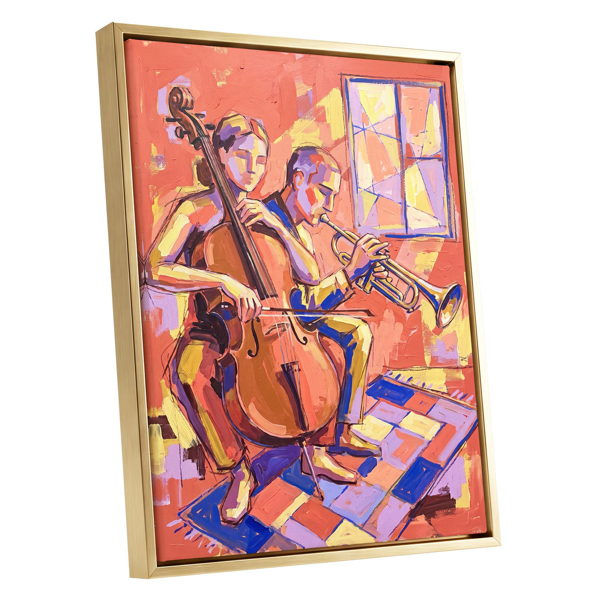 Coral Jazz Duet, orange, pink, yellow abstract wall art shown as a gold framed canvas wall art