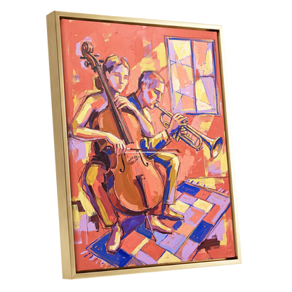 Coral Jazz Duet, orange, pink, yellow abstract wall art shown as a gold framed canvas wall art