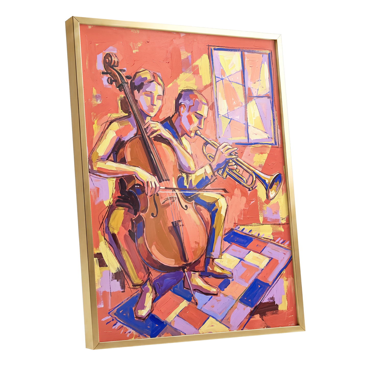 Coral Jazz Duet, orange, pink, yellow abstract wall art shown as a gold framed poster wall art print