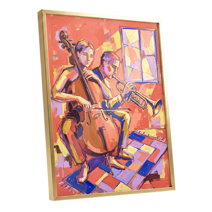 Coral Jazz Duet, orange, pink, yellow abstract wall art shown as a gold framed poster wall art print
