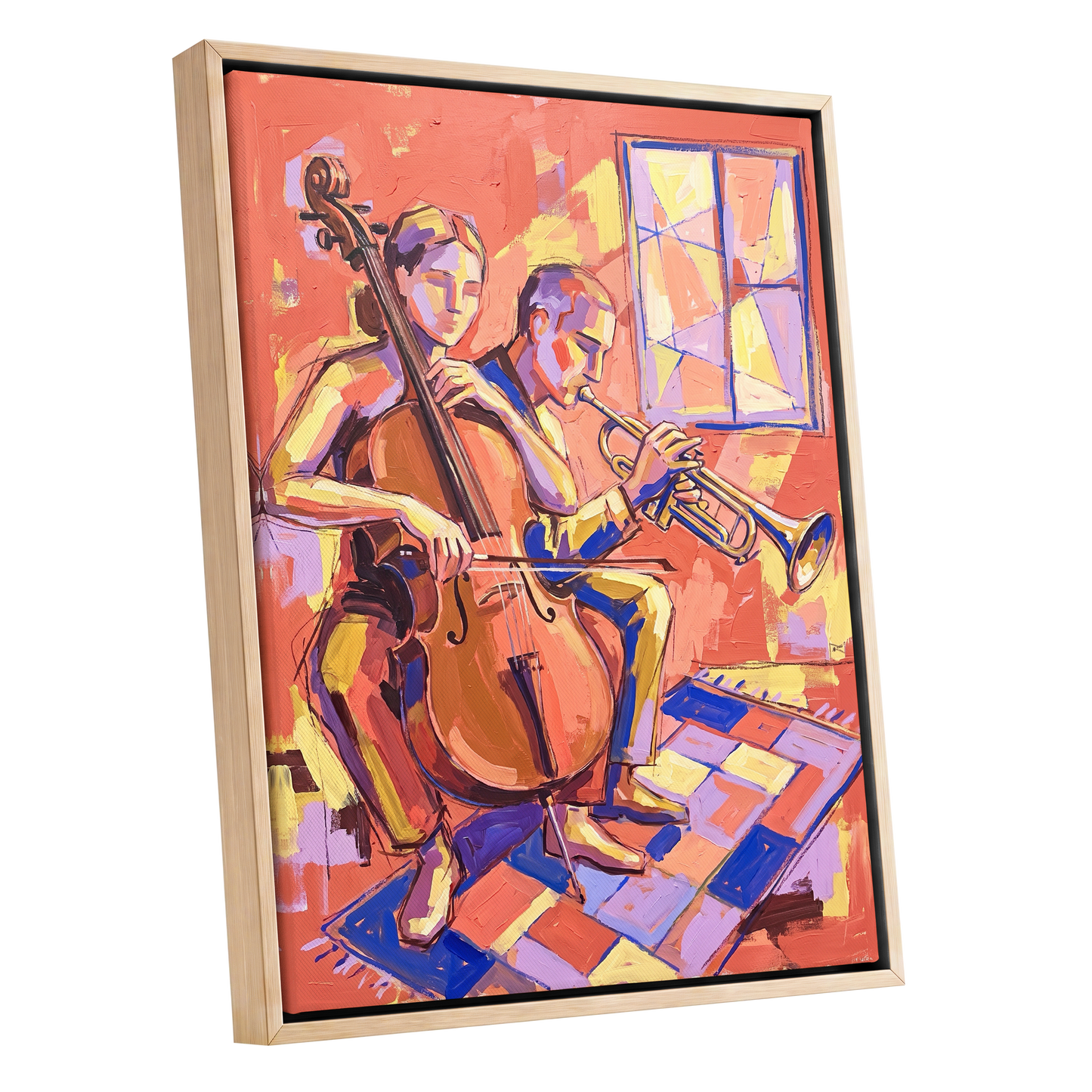 Coral Jazz Duet, orange, pink, yellow abstract wall art shown as a oak framed canvas wall art