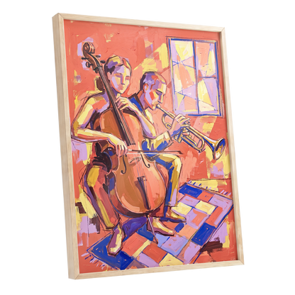 Coral Jazz Duet, orange, pink, yellow abstract wall art shown as a oak framed poster wall art print