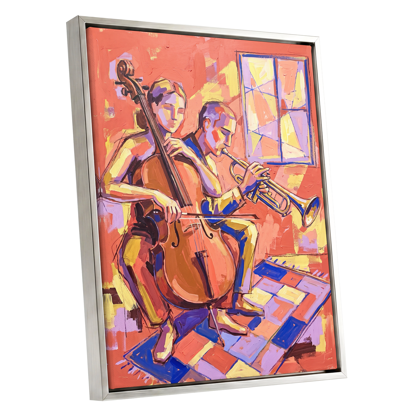 Coral Jazz Duet, orange, pink, yellow abstract wall art shown as a silver framed canvas wall art