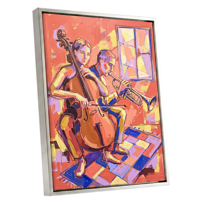 Coral Jazz Duet, orange, pink, yellow abstract wall art shown as a silver framed canvas wall art