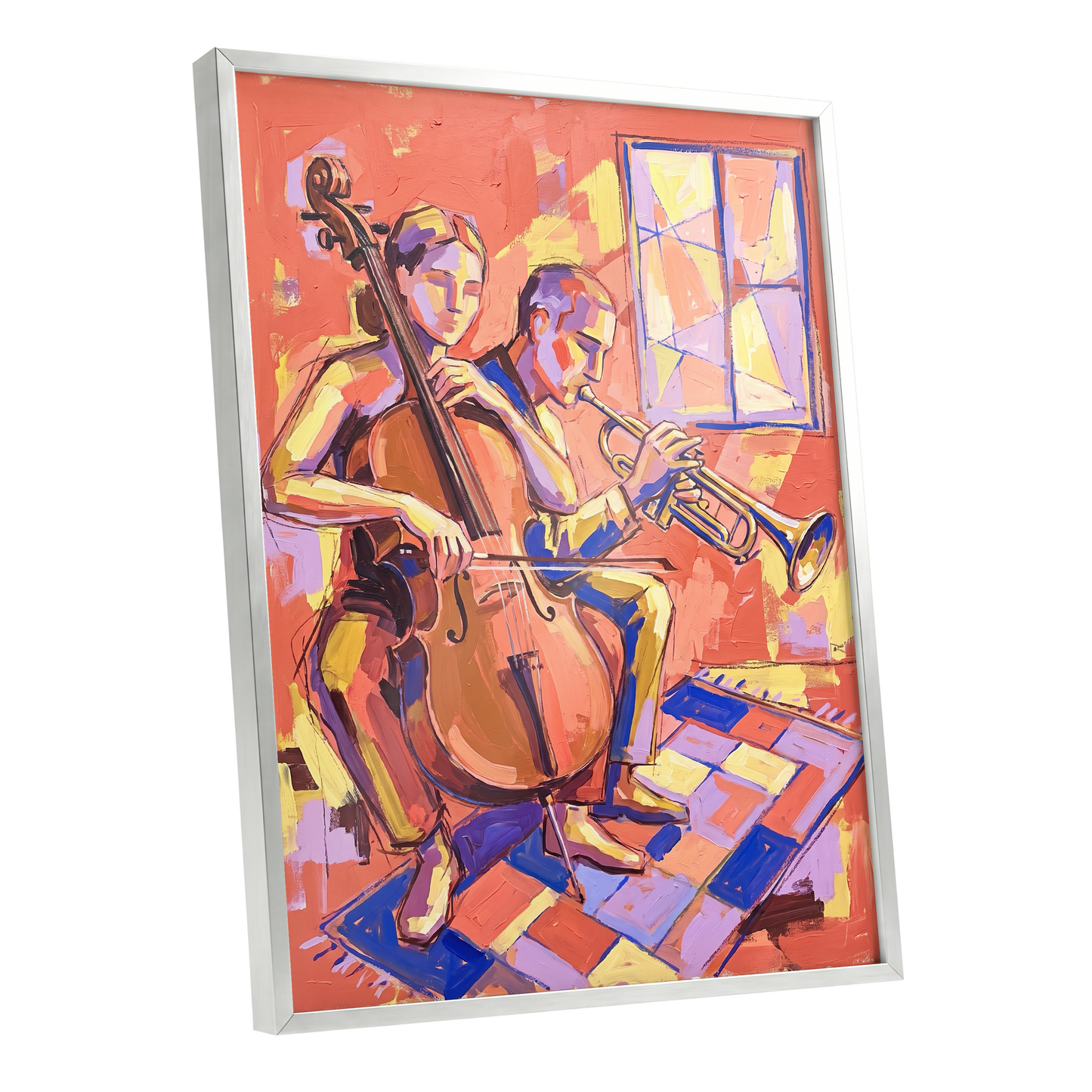 Coral Jazz Duet, orange, pink, yellow abstract wall art shown as a silver framed poster wall art print