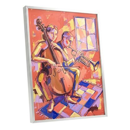 Coral Jazz Duet, orange, pink, yellow abstract wall art shown as a silver framed poster wall art print