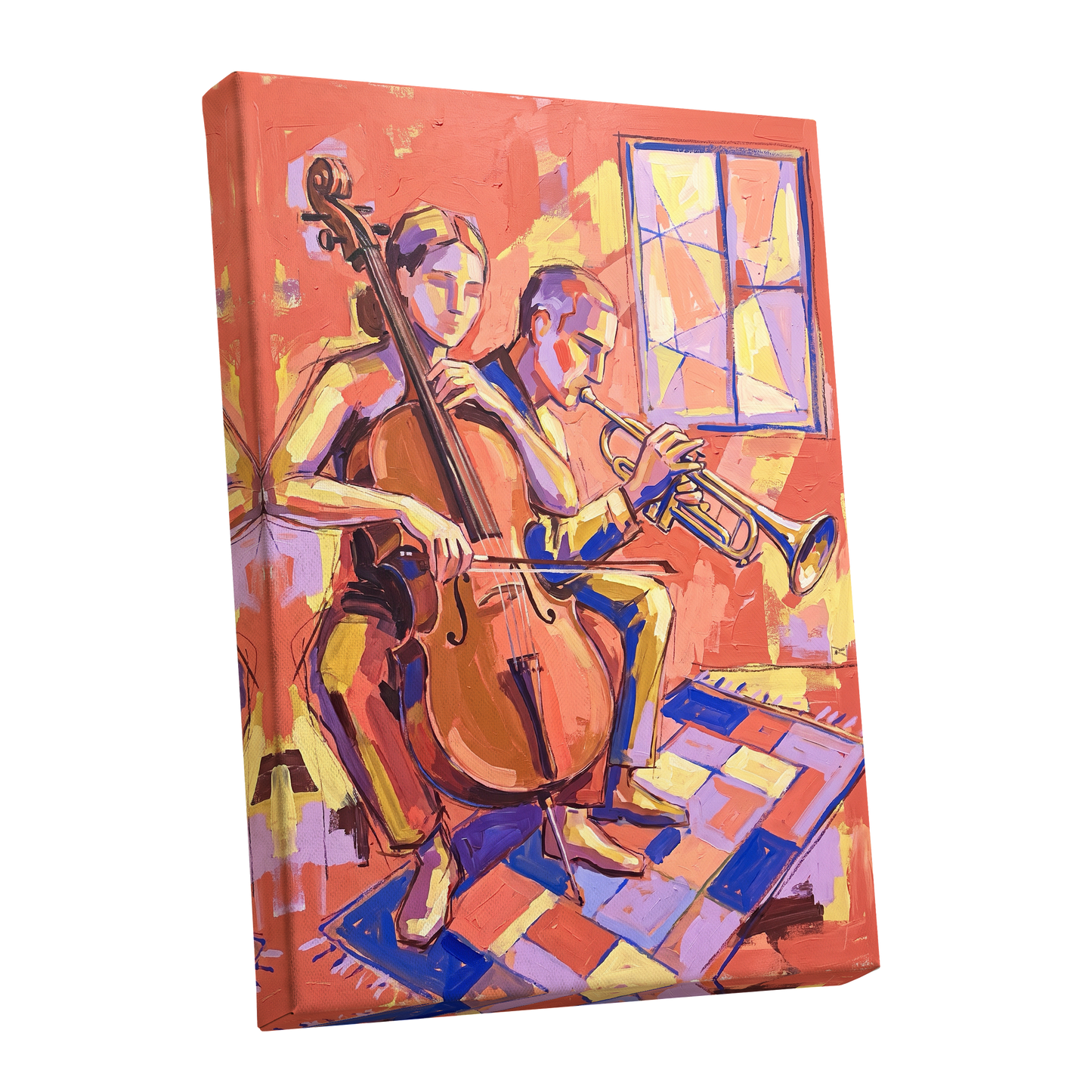 Coral Jazz Duet, orange, pink, yellow abstract wall art shown as a stretched canvas wall art