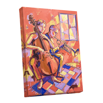 Coral Jazz Duet, orange, pink, yellow abstract wall art shown as a stretched canvas wall art
