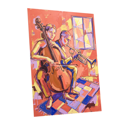 Coral Jazz Duet, orange, pink, yellow abstract wall art shown as a unframed poster wall art print