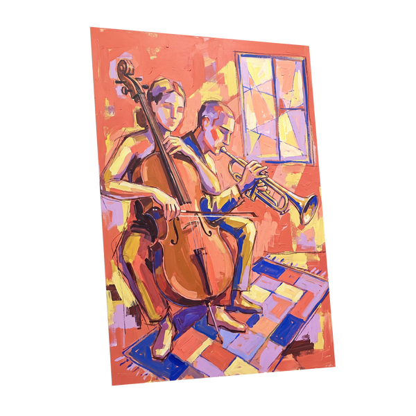 Coral Jazz Duet, orange, pink, yellow abstract wall art shown as a unframed poster wall art print