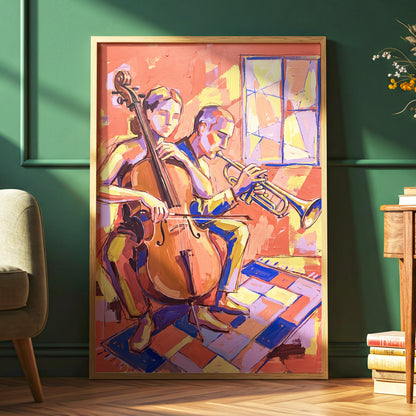 Coral Jazz Duet, orange, pink, yellow abstract wall art displayed in a styled interior, gallery view 2