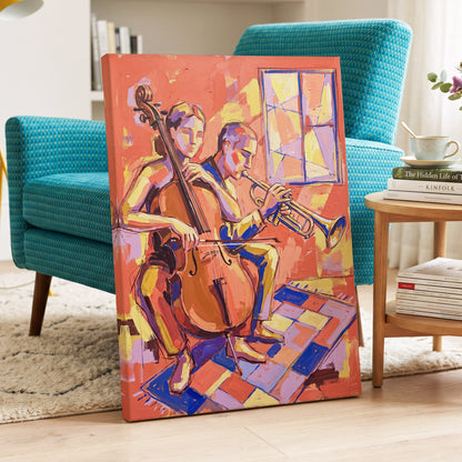 Coral Jazz Duet, orange, pink, yellow abstract wall art displayed in a styled interior, gallery view 3