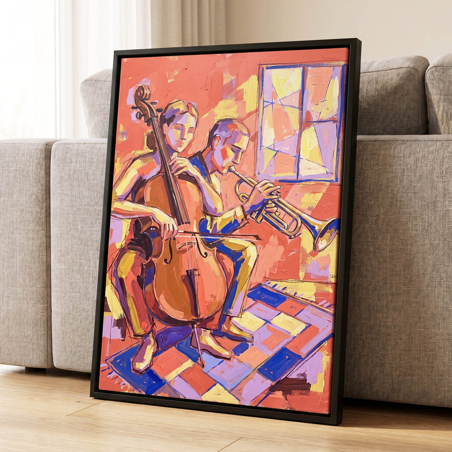 Coral Jazz Duet, orange, pink, yellow abstract wall art displayed in a styled interior, gallery view 4