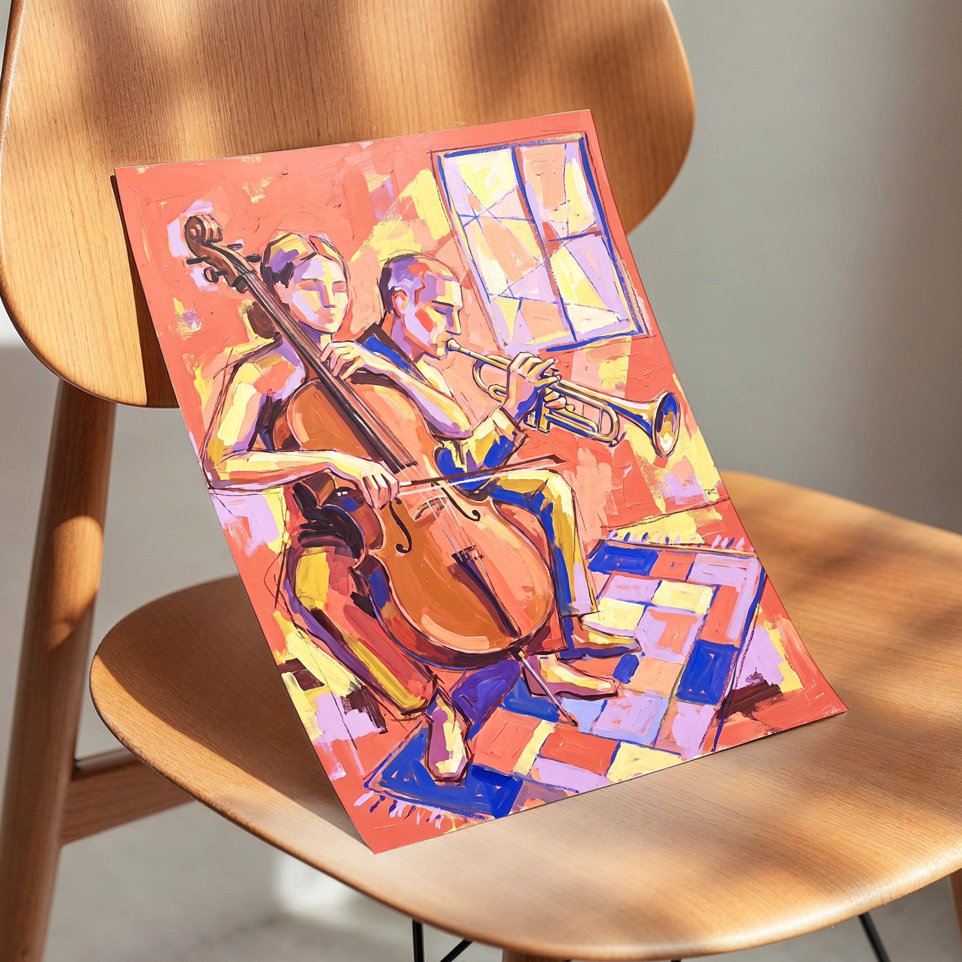 Coral Jazz Duet, orange, pink, yellow abstract wall art displayed in a styled interior, gallery view 5