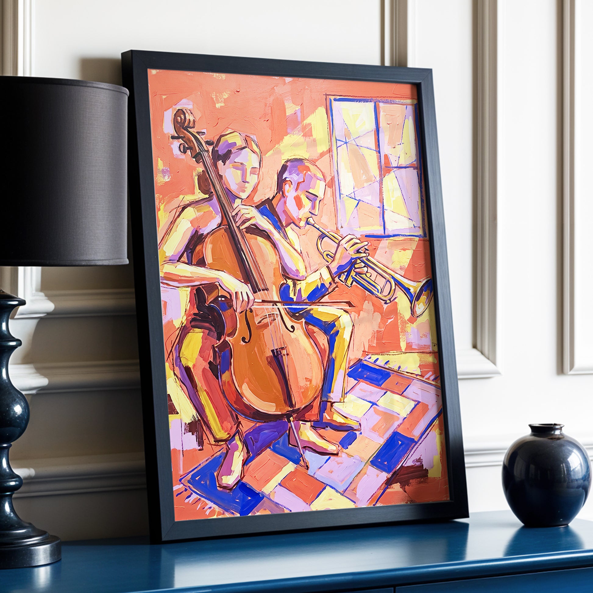 Coral Jazz Duet, orange, pink, yellow abstract wall art displayed in a styled interior, gallery view 6
