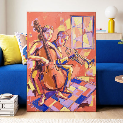 Coral Jazz Duet, orange, pink, yellow abstract wall art displayed in a styled interior, gallery view 7
