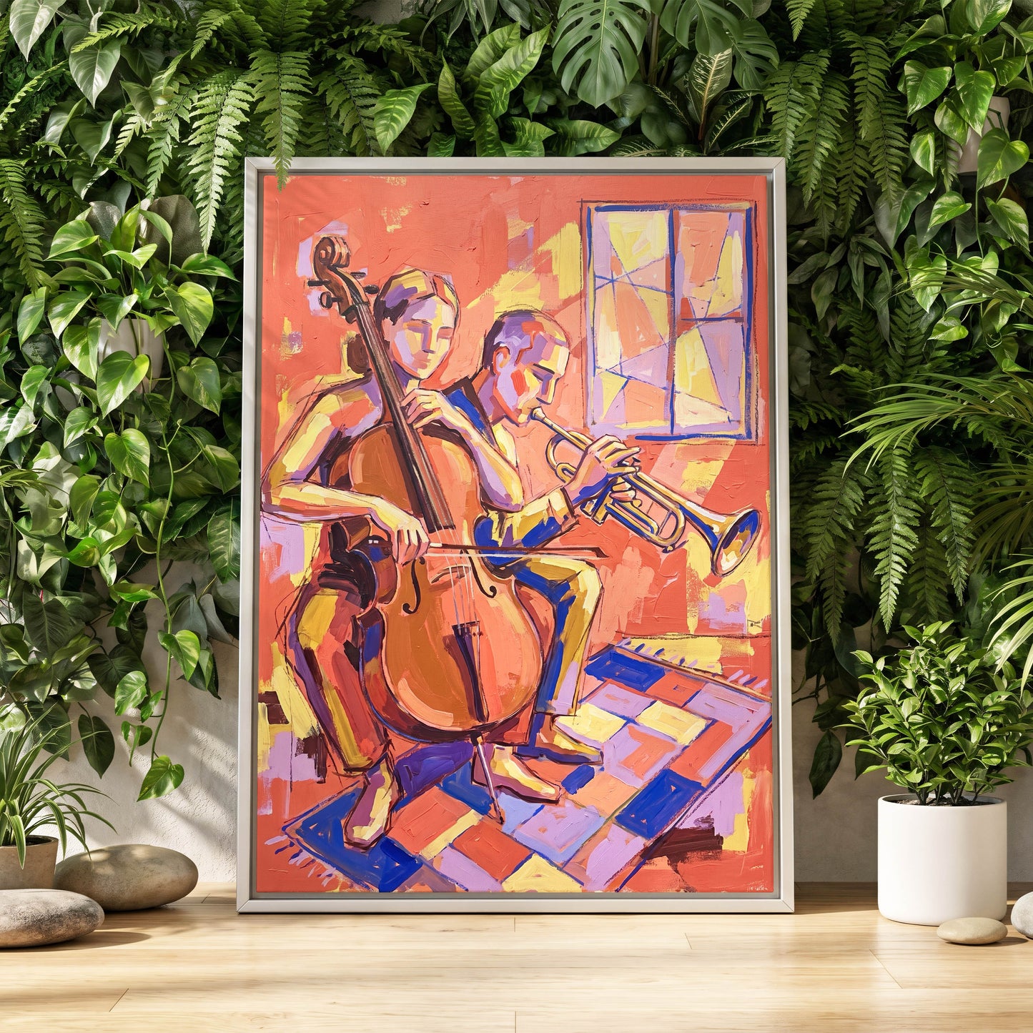 Coral Jazz Duet, orange, pink, yellow abstract wall art displayed in a styled interior, gallery view 8