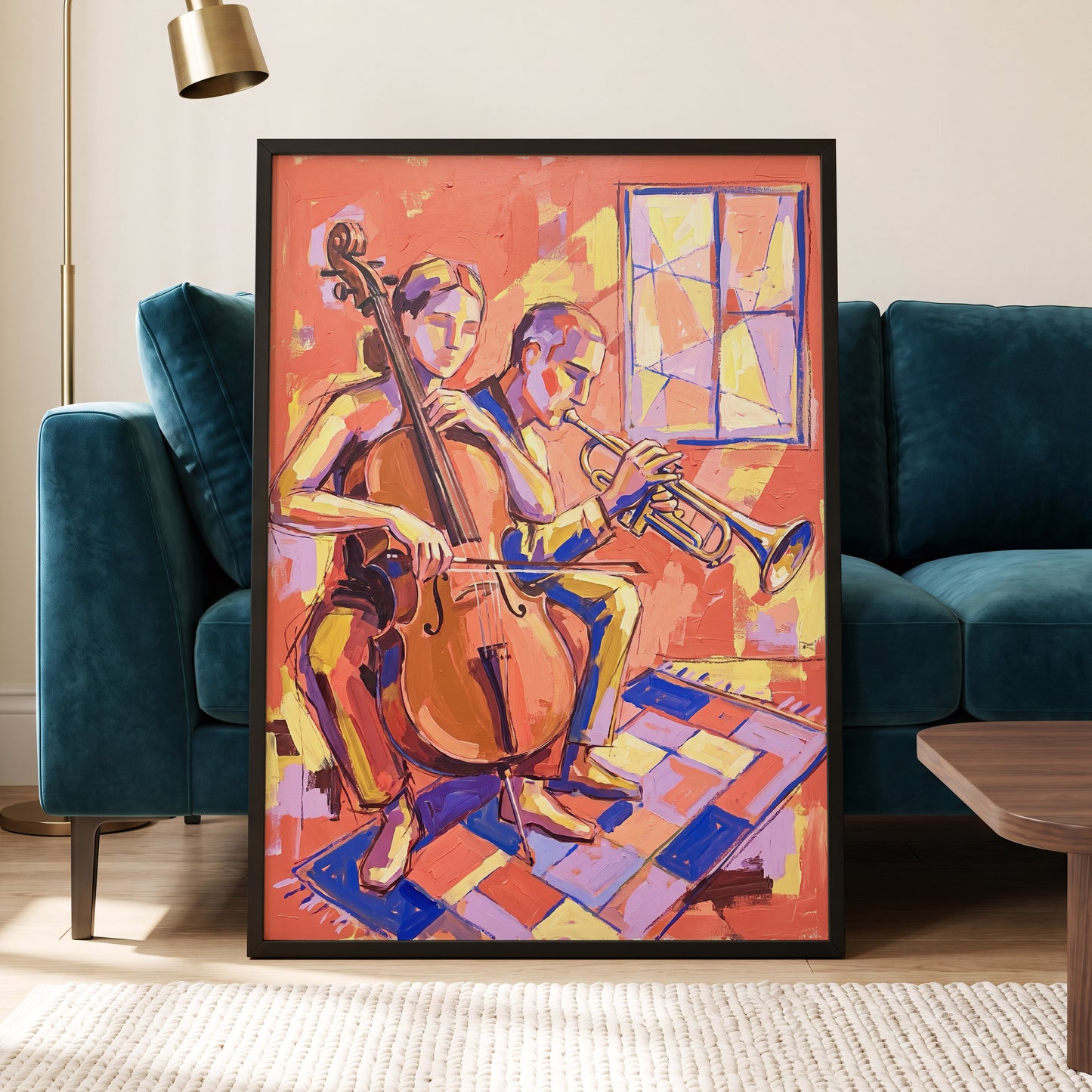 Coral Jazz Duet, orange, pink, yellow abstract wall art displayed in a styled interior, gallery view 9
