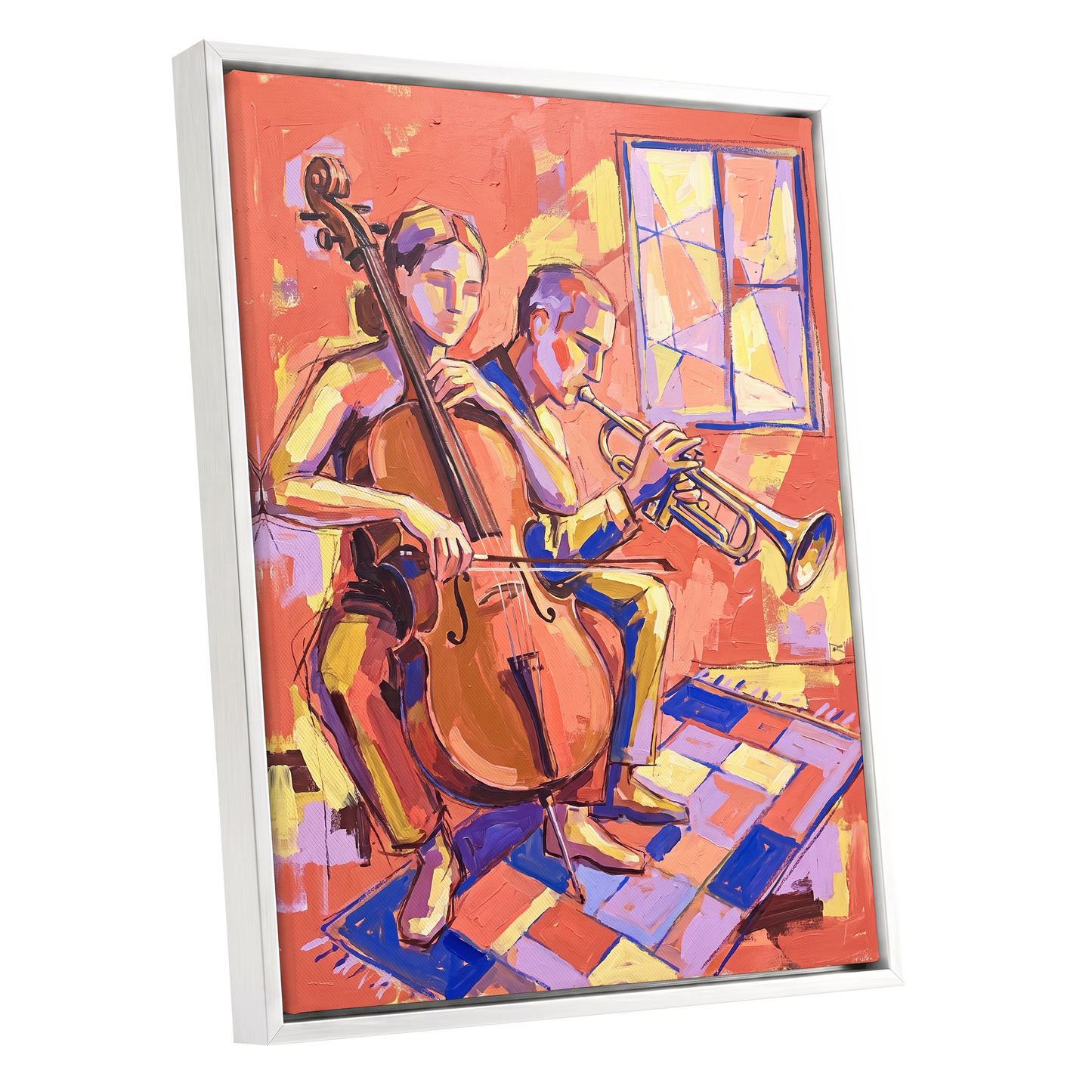 Coral Jazz Duet, orange, pink, yellow abstract wall art shown as a white framed canvas wall art