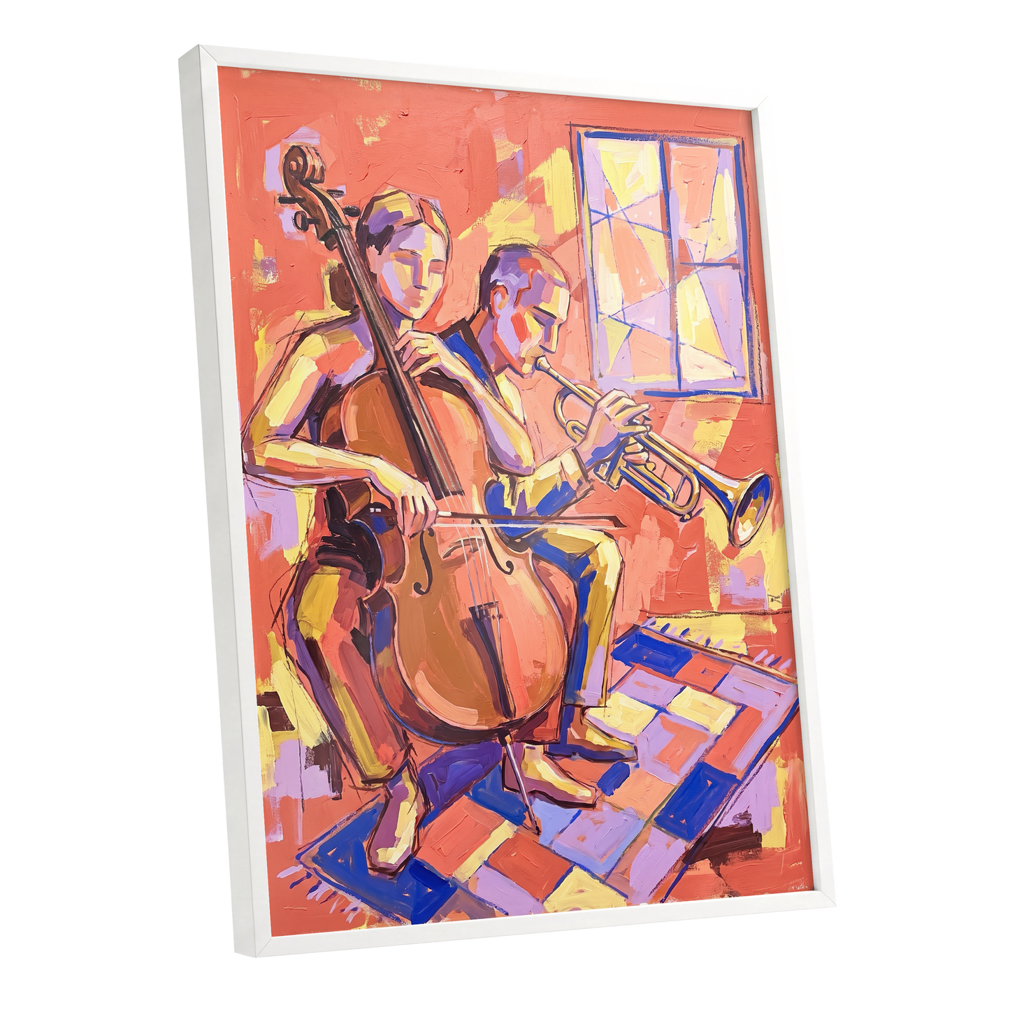 Coral Jazz Duet, orange, pink, yellow abstract wall art shown as a white framed poster wall art print