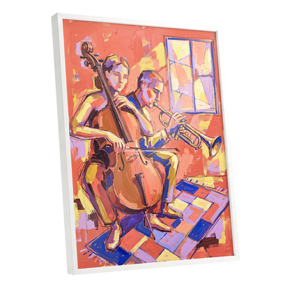 Coral Jazz Duet, orange, pink, yellow abstract wall art shown as a white framed poster wall art print