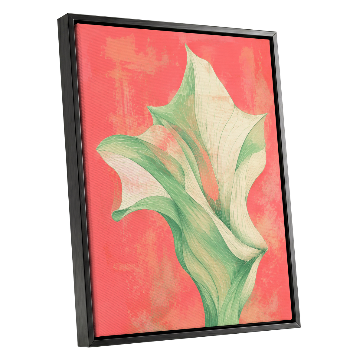 Coral Leaf Reverie, green, beige, pink nature wall art shown as a black framed canvas wall art
