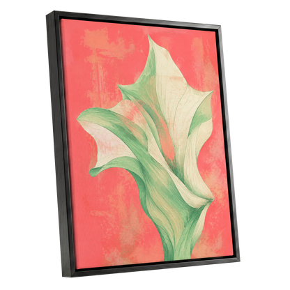 Coral Leaf Reverie, green, beige, pink nature wall art shown as a black framed canvas wall art