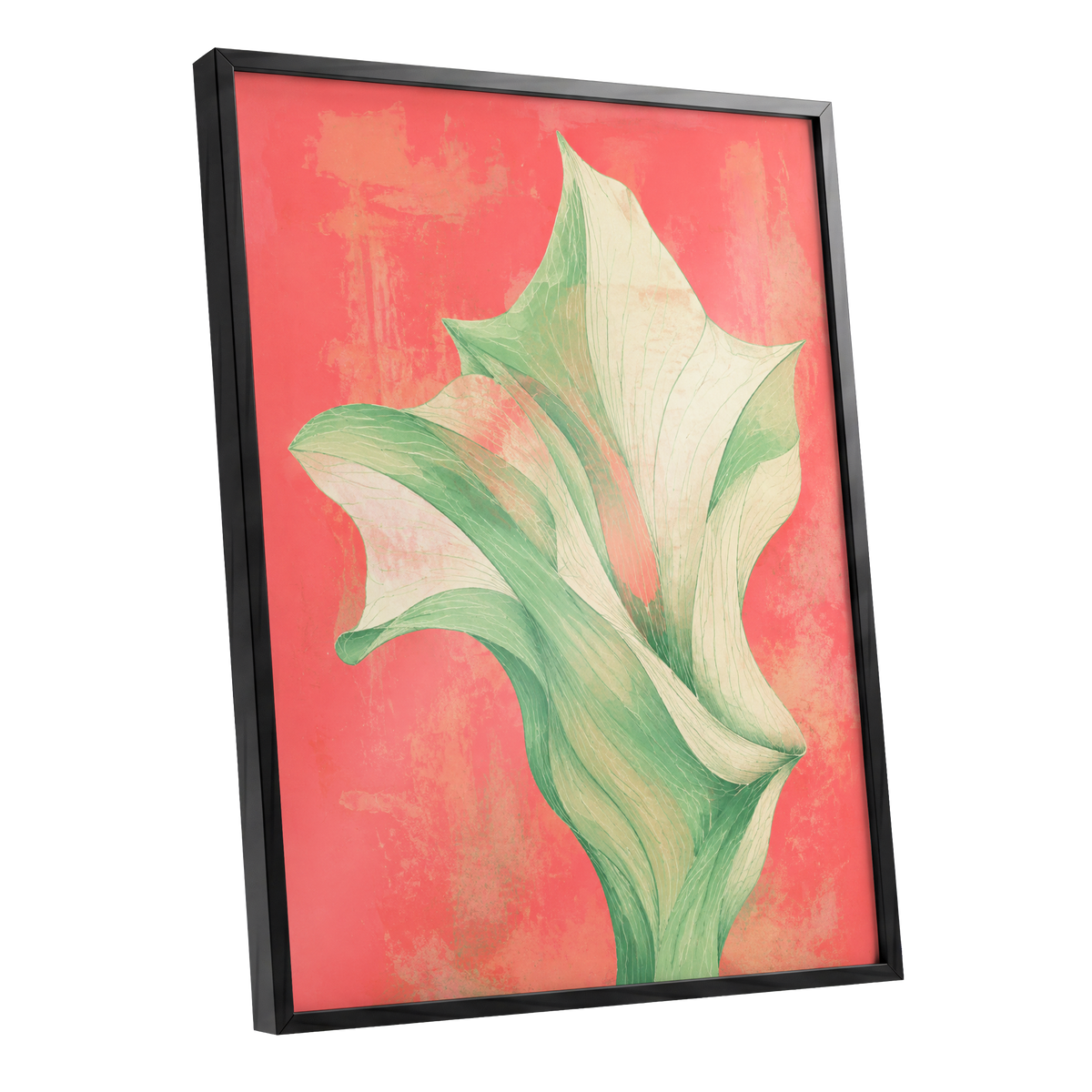 Coral Leaf Reverie, green, beige, pink nature wall art shown as a black framed poster wall art print
