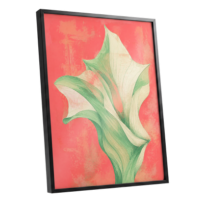 Coral Leaf Reverie, green, beige, pink nature wall art shown as a black framed poster wall art print