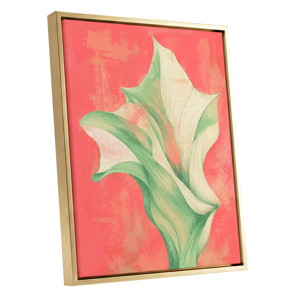 Coral Leaf Reverie, green, beige, pink nature wall art shown as a gold framed canvas wall art