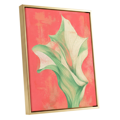 Coral Leaf Reverie, green, beige, pink nature wall art shown as a gold framed canvas wall art