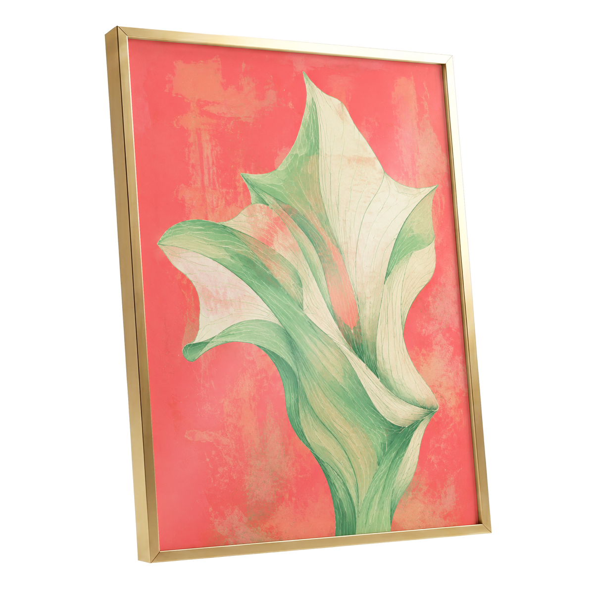 Coral Leaf Reverie, green, beige, pink nature wall art shown as a gold framed poster wall art print