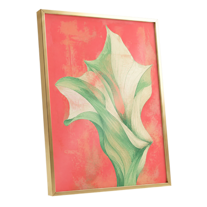 Coral Leaf Reverie, green, beige, pink nature wall art shown as a gold framed poster wall art print