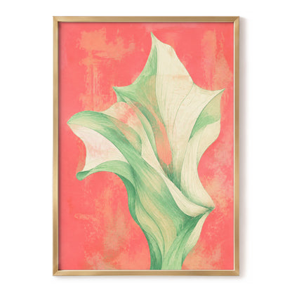 Coral Leaf Reverie, green, beige, pink nature wall art, front artwork view