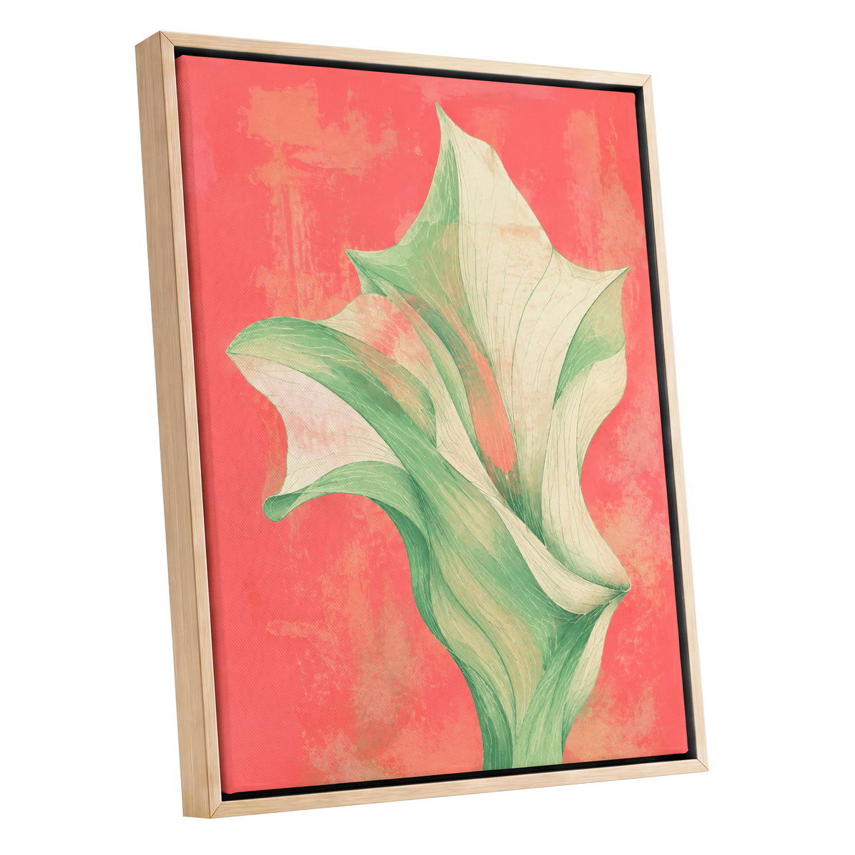 Coral Leaf Reverie, green, beige, pink nature wall art shown as a oak framed canvas wall art