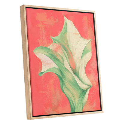 Coral Leaf Reverie, green, beige, pink nature wall art shown as a oak framed canvas wall art